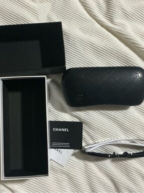 CHANEL Black Quilted Sunglasses Case with Card and Box